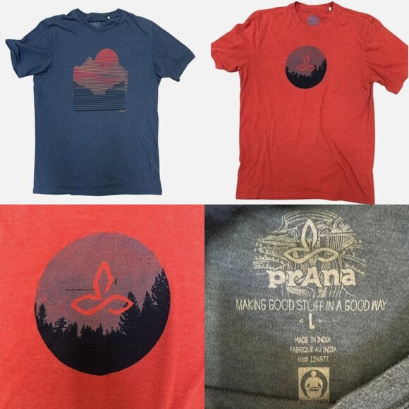 prAna Men’s Graphic T-Shirt Lot of 2 Orange/Re & Blue Outdoor Hiking Tees Size L - Picture 1 of 12